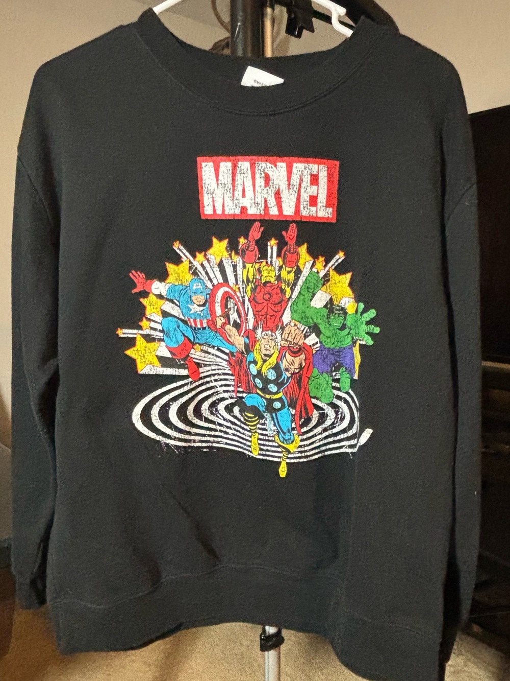 Marvel Black Crewneck with Multicolor Superhero Graphic